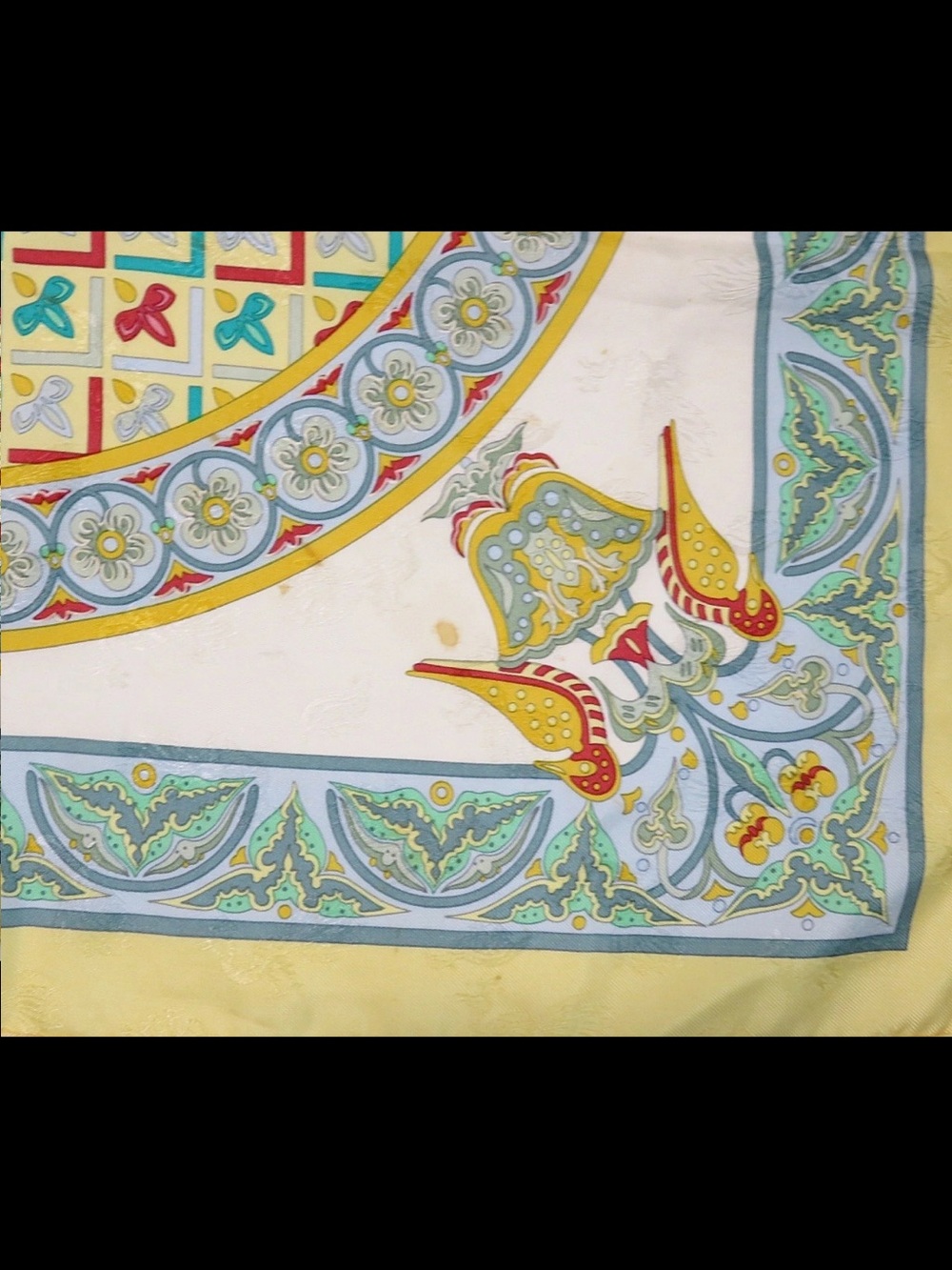 Hermes Yellow, Blue and Green Silk Scarf with Geometric Medallion Motif - Picture 9 of 13